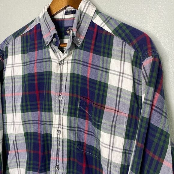 VTG Dockers Men's Small Plaid Flannel Cotton Button Down White Blue Green 90's - Picture 3 of 12